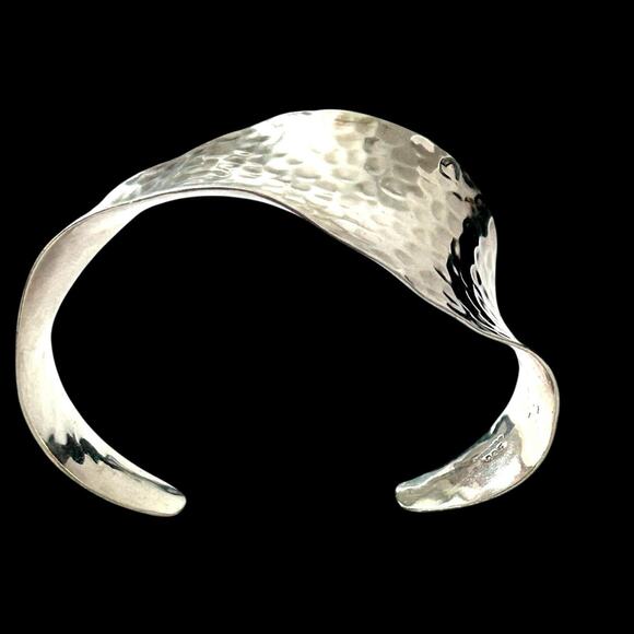 Hammered 925 Silver Bracelet Wave Bone Cuff Raised Wrist Mexico Modernist Boho - Picture 12 of 12